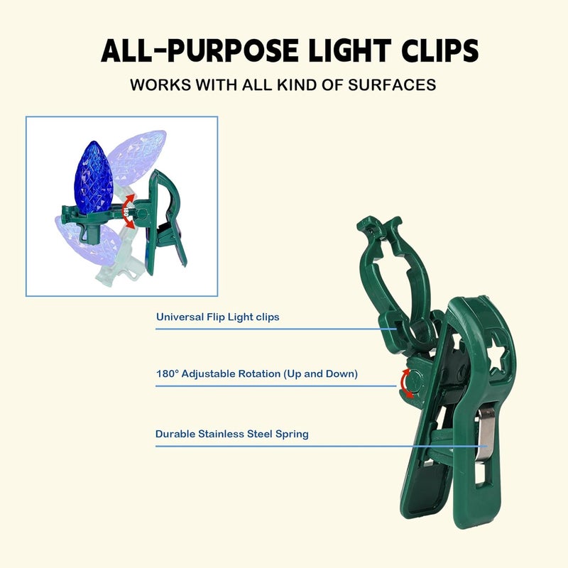TW SHINE C7 C9 Christmas Lights Spring Clips, 50 Pack Holiday Lights Universal Quick Spring Clips for E12 E17, Weatherproof Shatterproof Clips Outdoor for Roof Fence Shingle Gutter - Image 4